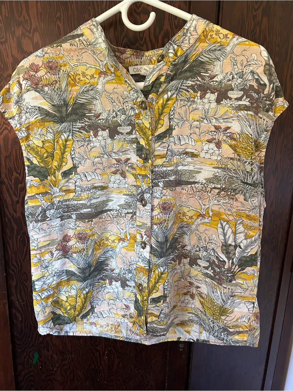 C & C California Tropical Print Button Front Top
